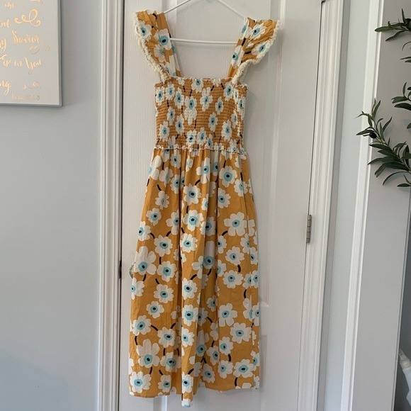 THML Womens Yellow Floral Dress smocked sz M summer fall straps‎ ruffle mustard